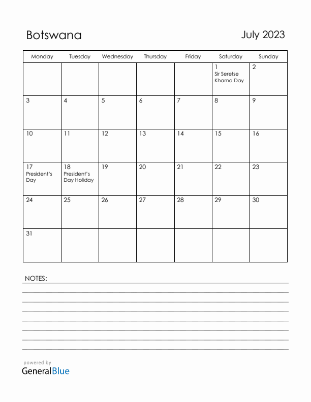 July 2023 Botswana Calendar with Holidays (Monday Start)