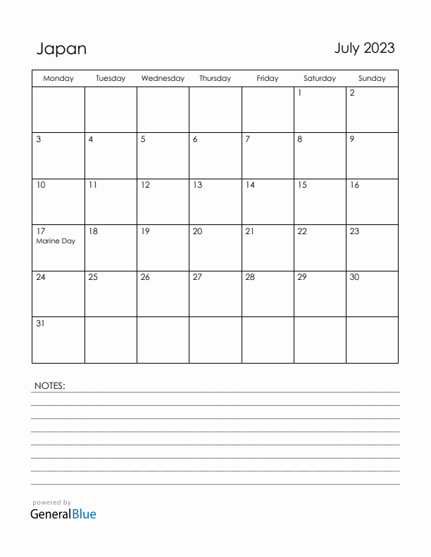 July 2023 Japan Calendar with Holidays (Monday Start)