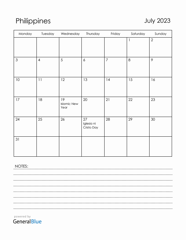 July 2023 Philippines Calendar with Holidays (Monday Start)