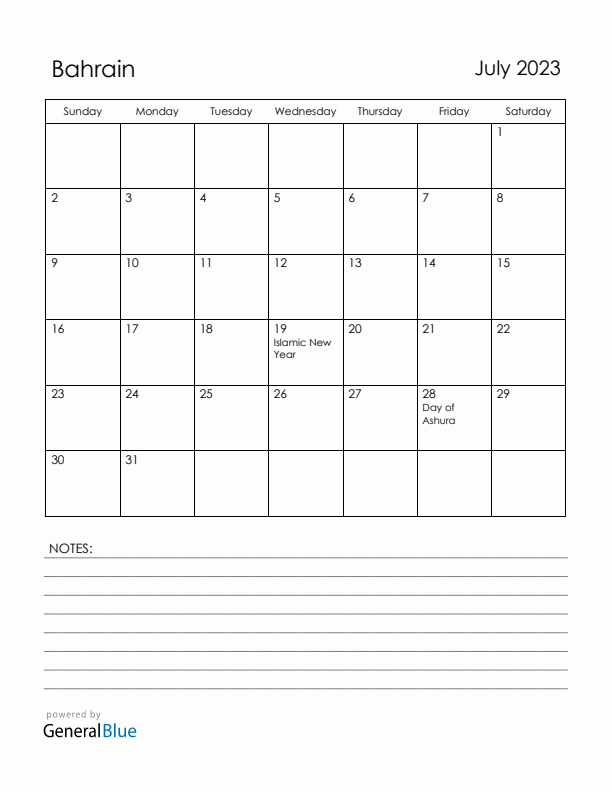 July 2023 Bahrain Calendar with Holidays (Sunday Start)