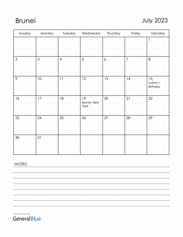 July 2023 Brunei Calendar with Holidays (Sunday Start)
