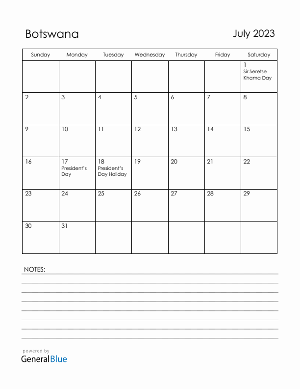 July 2023 Botswana Calendar with Holidays (Sunday Start)