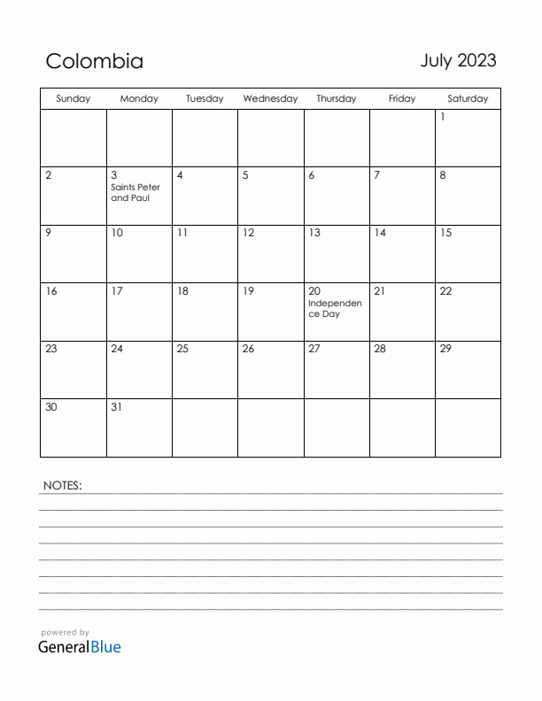 July 2023 Colombia Calendar with Holidays (Sunday Start)