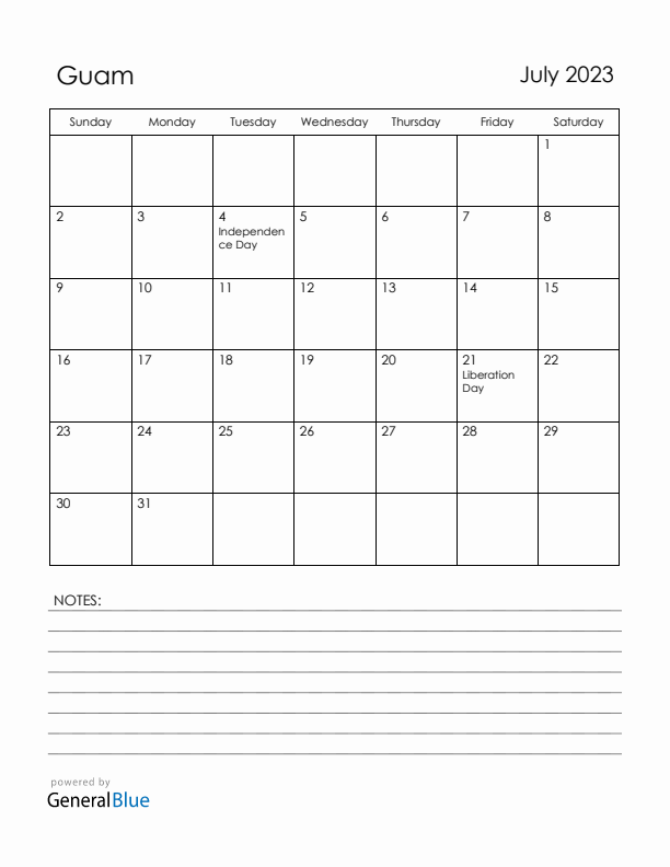 July 2023 Guam Calendar with Holidays (Sunday Start)