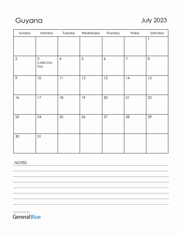 July 2023 Guyana Calendar with Holidays (Sunday Start)