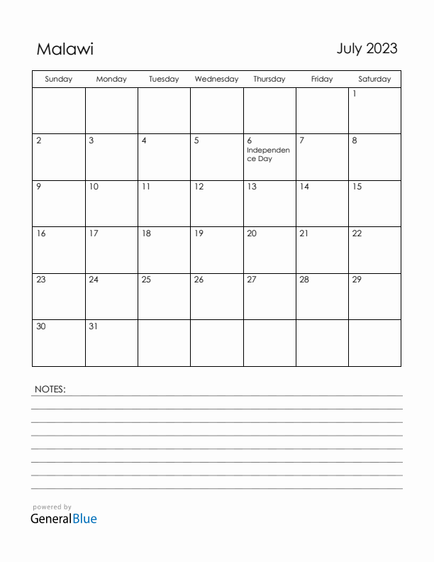 July 2023 Malawi Calendar with Holidays (Sunday Start)