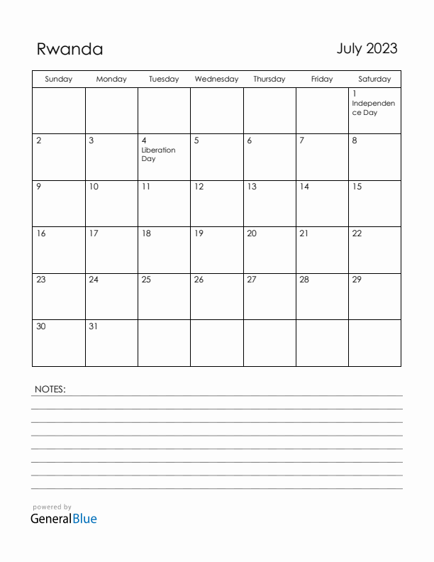 July 2023 Rwanda Calendar with Holidays (Sunday Start)