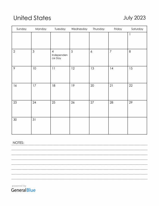July 2023 United States Calendar with Holidays (Sunday Start)