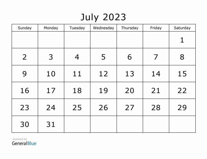 Printable July 2023 Calendar - Sunday Start