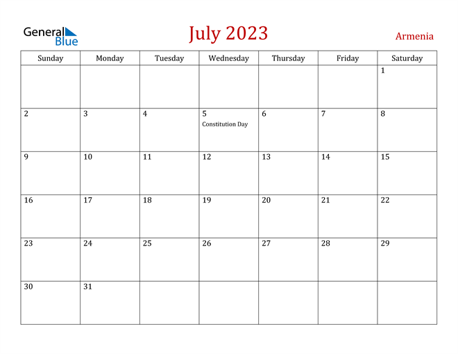Armenia July 2023 Calendar