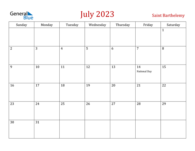 Saint Barthelemy July 2023 Calendar