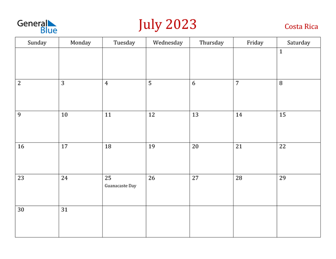 Costa Rica July 2023 Calendar
