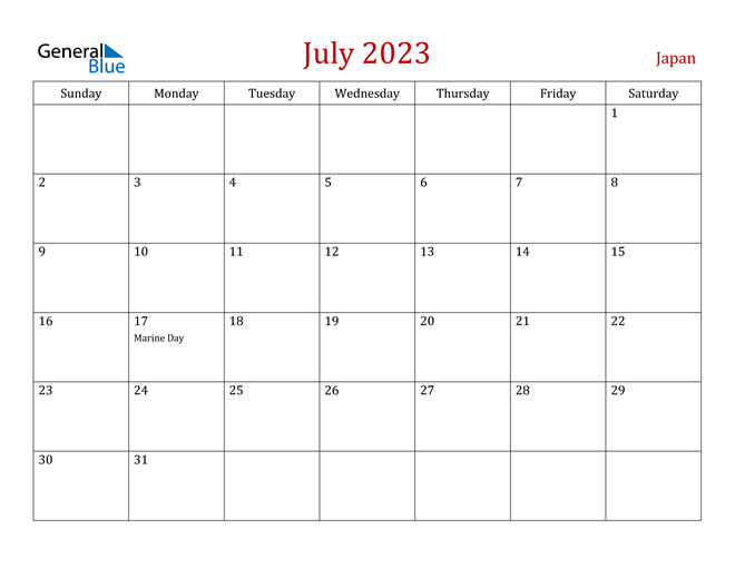 Japan July 2023 Calendar With Holidays