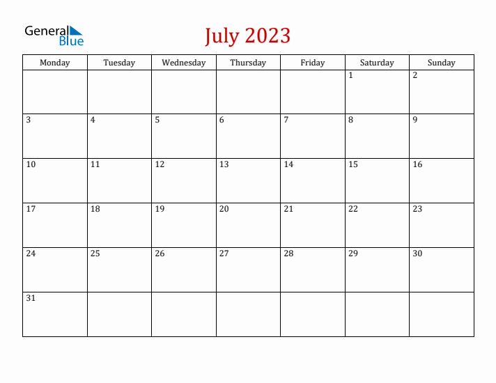 Blank July 2023 Calendar with Monday Start