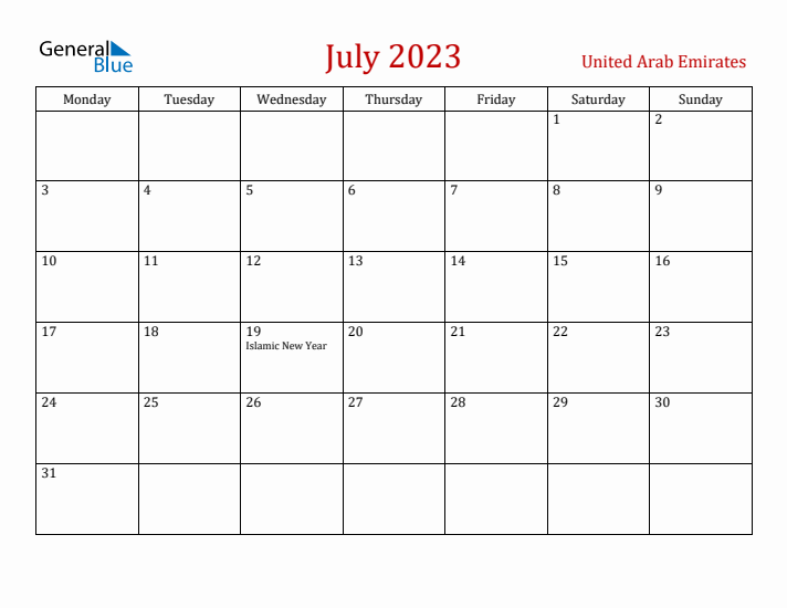 United Arab Emirates July 2023 Calendar - Monday Start