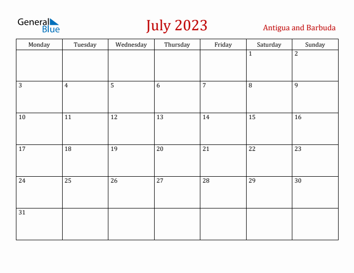 Antigua and Barbuda July 2023 Calendar - Monday Start