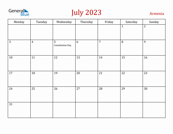 Armenia July 2023 Calendar - Monday Start
