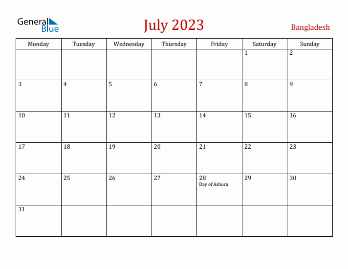 Bangladesh July 2023 Calendar - Monday Start