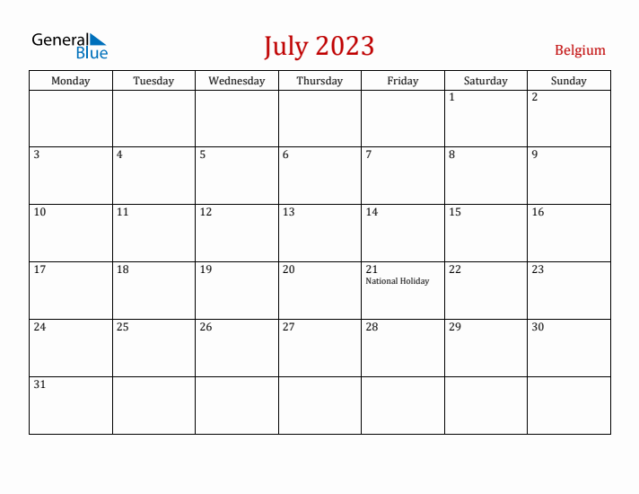 Belgium July 2023 Calendar - Monday Start