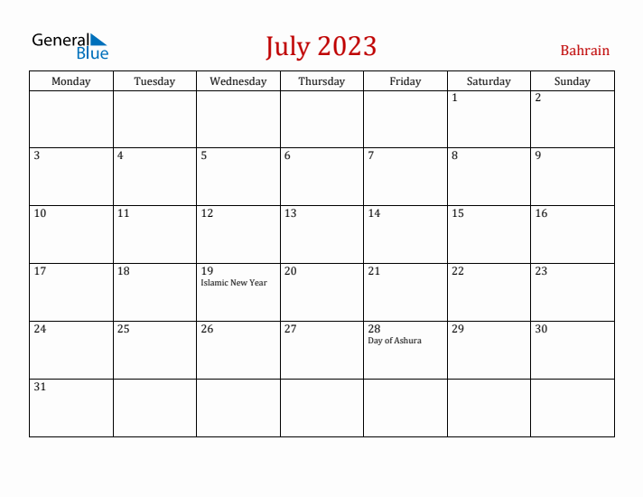 Bahrain July 2023 Calendar - Monday Start