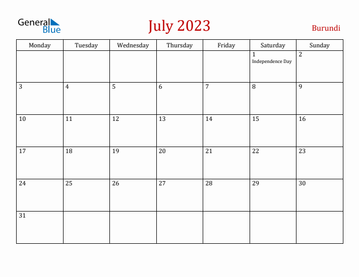 Burundi July 2023 Calendar - Monday Start