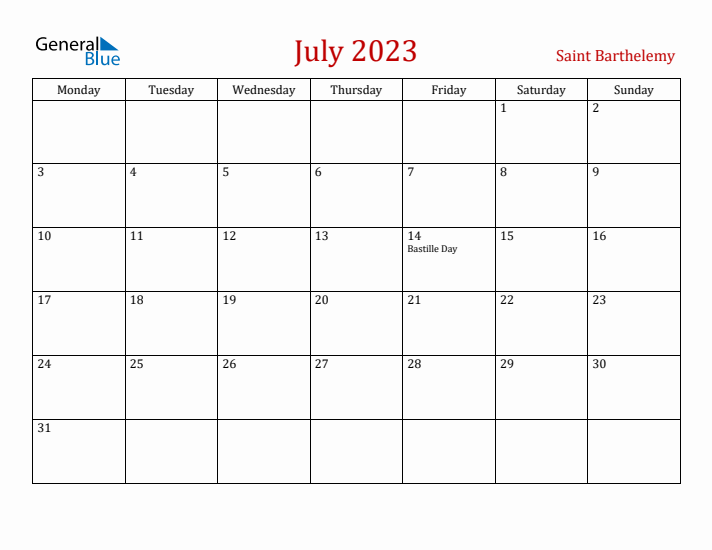 Saint Barthelemy July 2023 Calendar - Monday Start