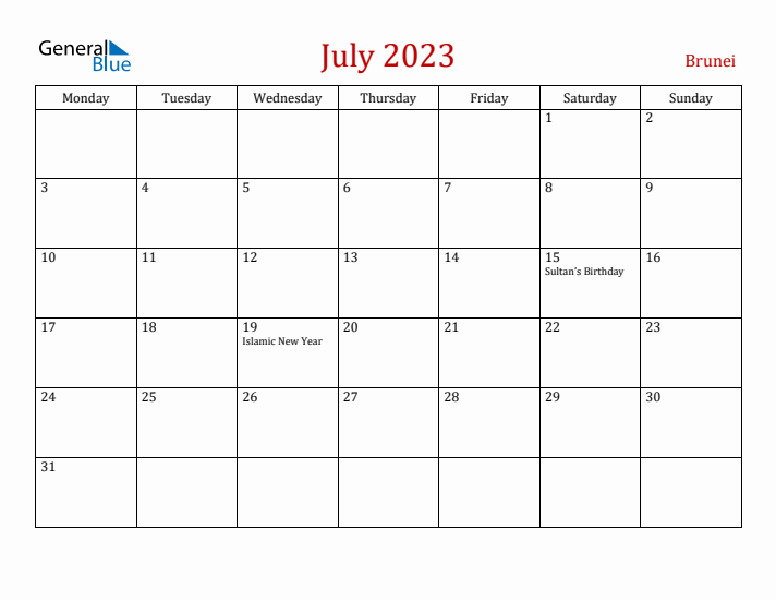 Brunei July 2023 Calendar - Monday Start
