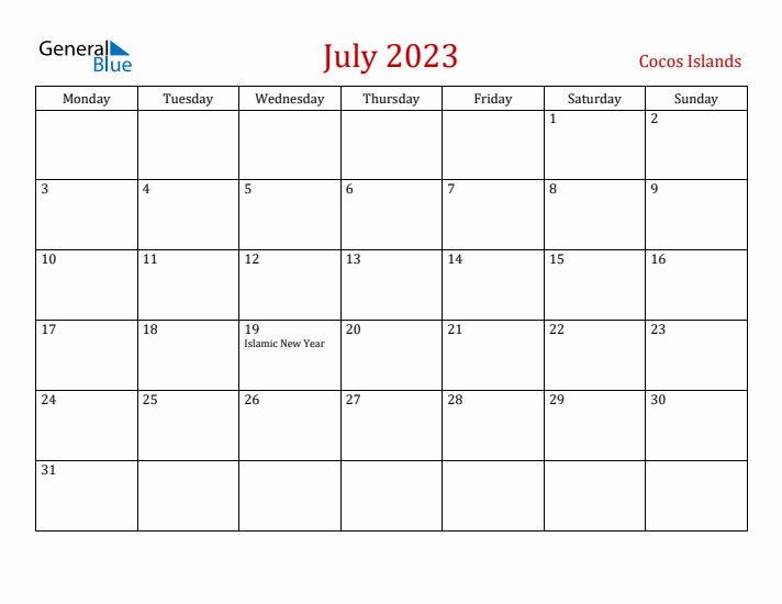 Cocos Islands July 2023 Calendar - Monday Start