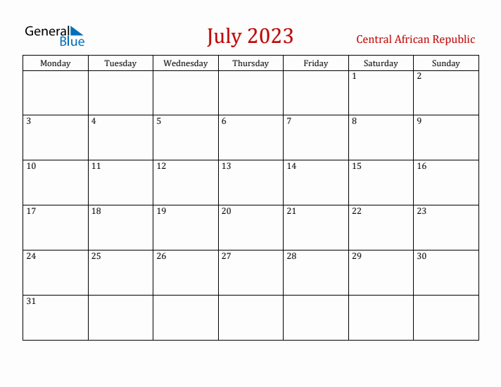 Central African Republic July 2023 Calendar - Monday Start