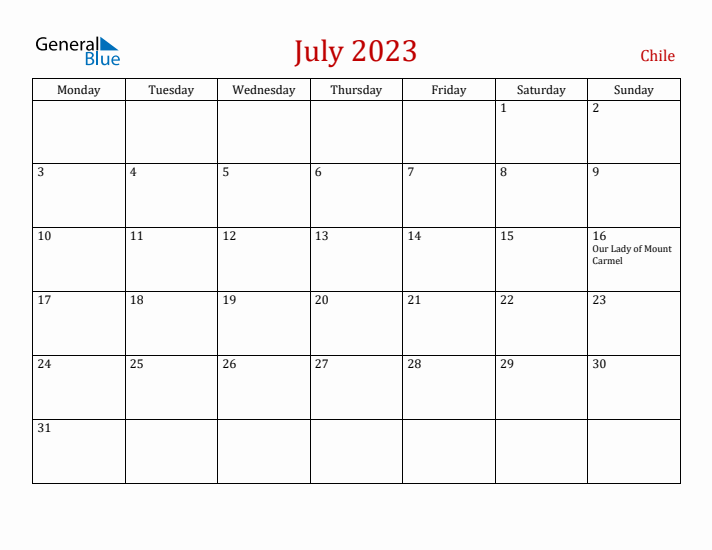 Chile July 2023 Calendar - Monday Start