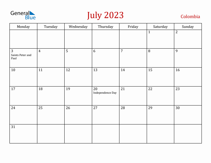 Colombia July 2023 Calendar - Monday Start