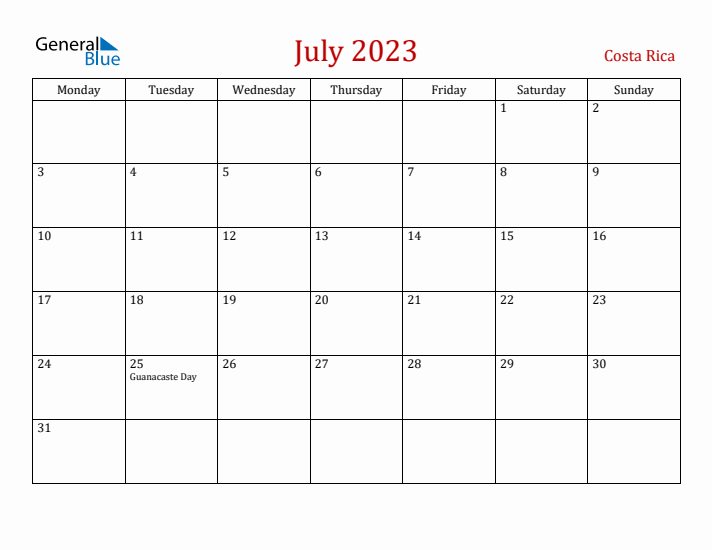 Costa Rica July 2023 Calendar - Monday Start