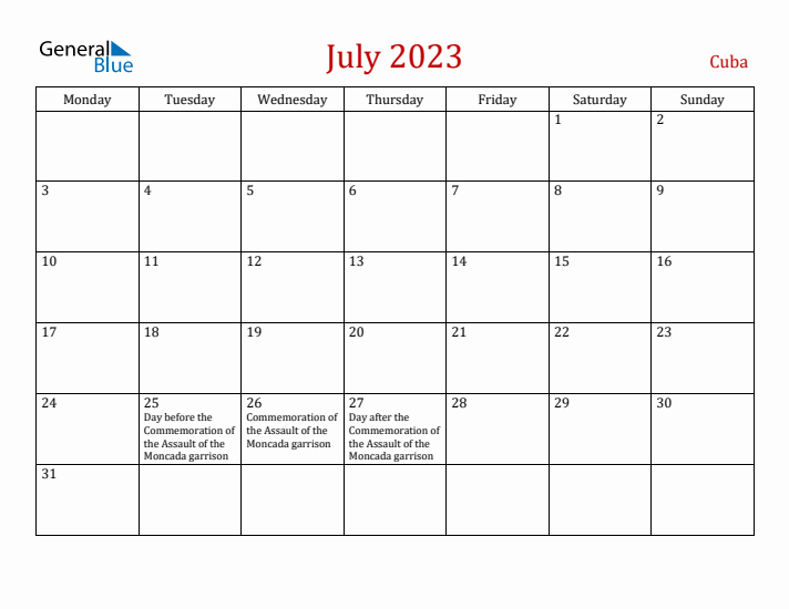 Cuba July 2023 Calendar - Monday Start