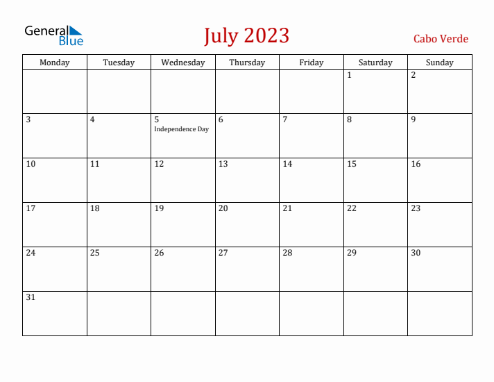 Cabo Verde July 2023 Calendar - Monday Start