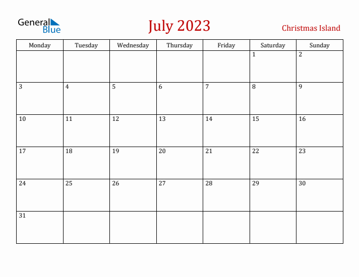 Christmas Island July 2023 Calendar - Monday Start