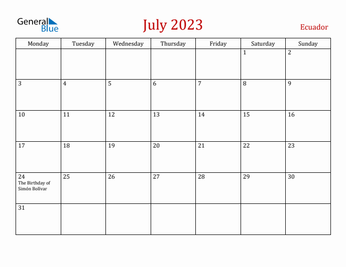 Ecuador July 2023 Calendar - Monday Start