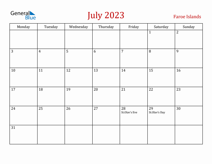 Faroe Islands July 2023 Calendar - Monday Start