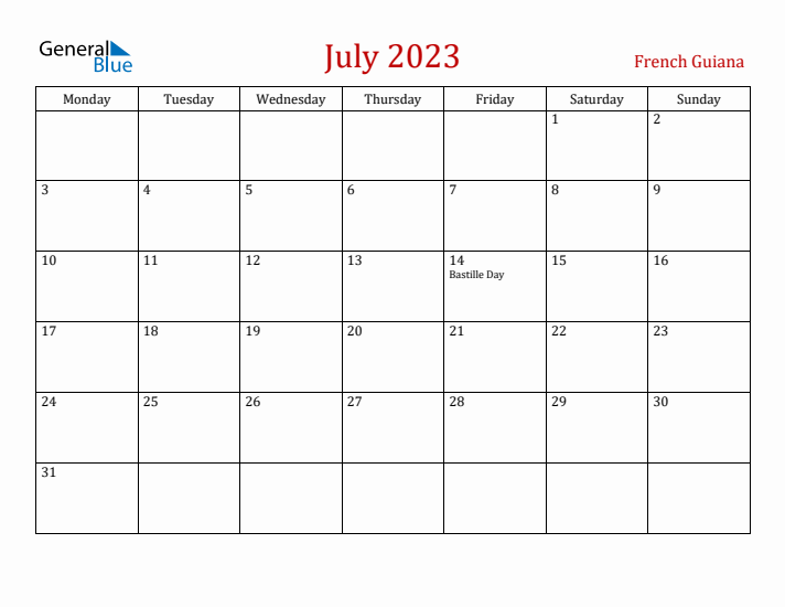French Guiana July 2023 Calendar - Monday Start