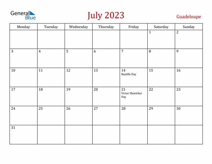 Guadeloupe July 2023 Calendar - Monday Start