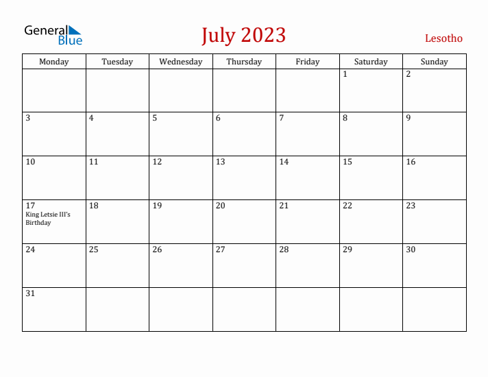 Lesotho July 2023 Calendar - Monday Start