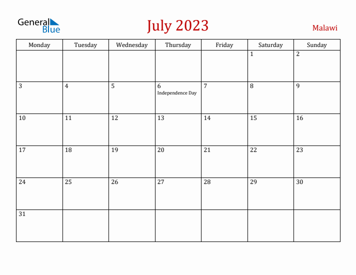 Malawi July 2023 Calendar - Monday Start