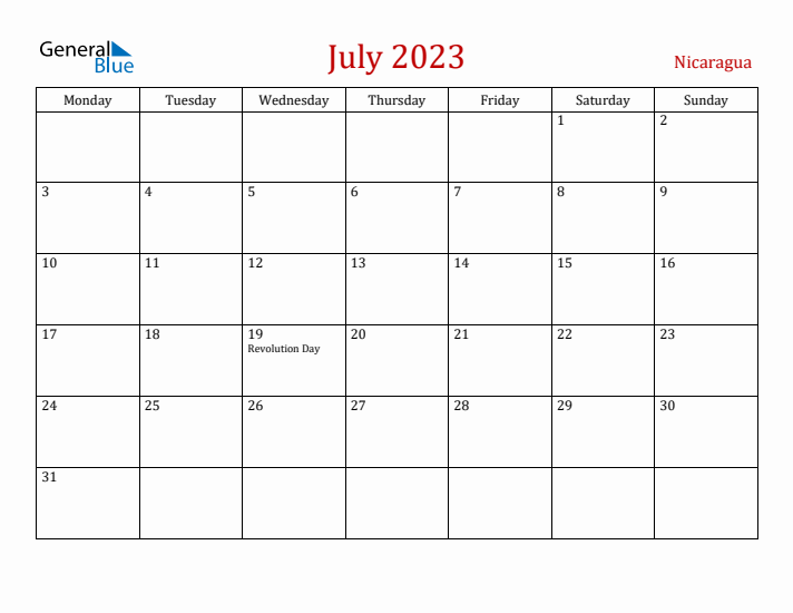 Nicaragua July 2023 Calendar - Monday Start