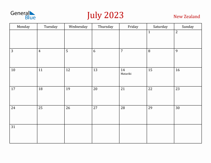 New Zealand July 2023 Calendar - Monday Start