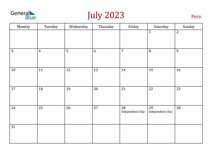 Peru July 2023 Calendar - Monday Start
