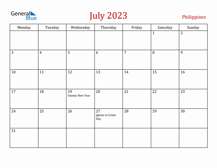 Philippines July 2023 Calendar - Monday Start