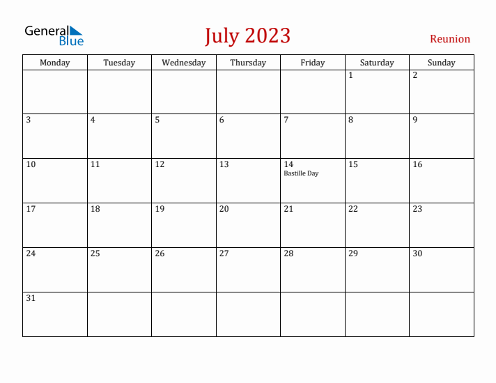 Reunion July 2023 Calendar - Monday Start