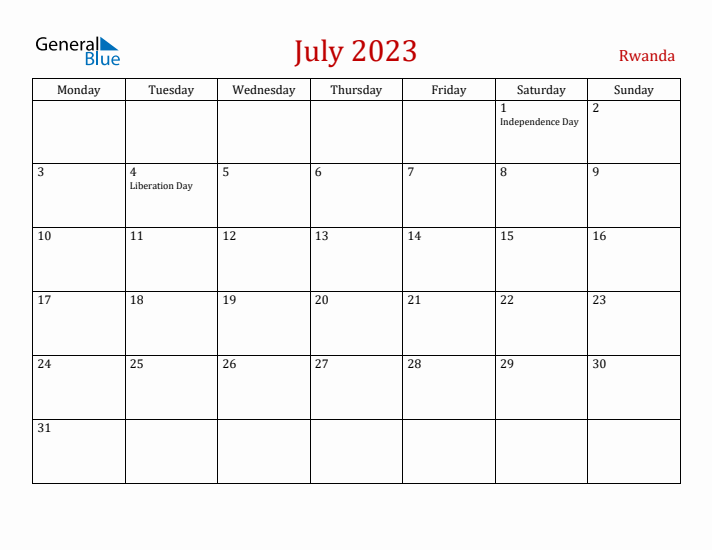 Rwanda July 2023 Calendar - Monday Start