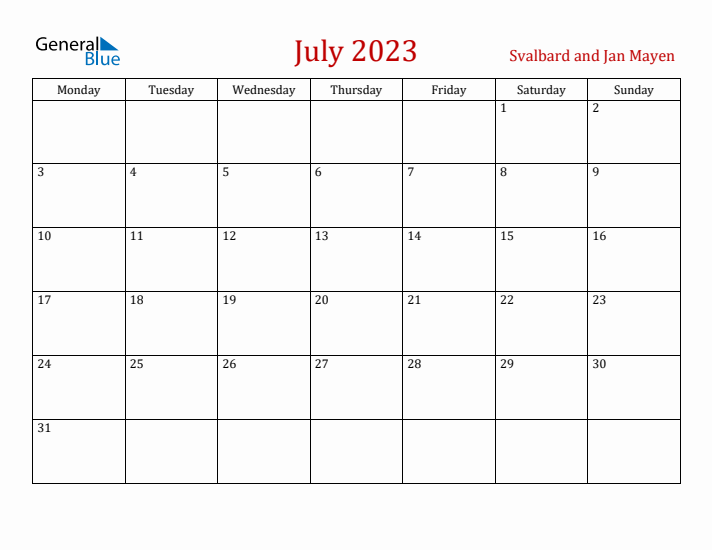 Svalbard and Jan Mayen July 2023 Calendar - Monday Start
