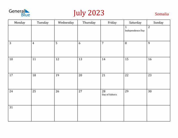 Somalia July 2023 Calendar - Monday Start