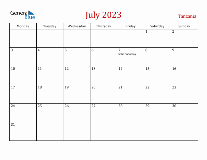Tanzania July 2023 Calendar - Monday Start